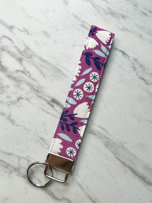 Purple Sketched Floral Key Wristlet