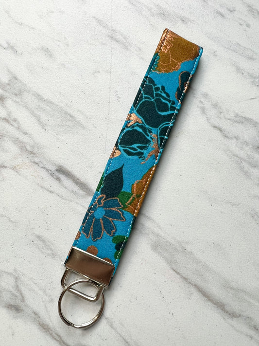 Blue Shimmer Floral Key Wristlet